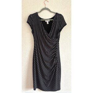 Joseph Ribkoff Black & White Polka Dot Faux Wrap Stretchy Midi Dress Cap Sleeve